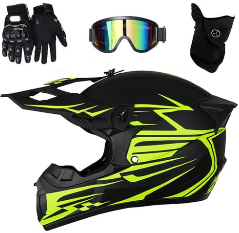 Motorradhelm Downhill Set - Integriert Fahrradhelm Kinder Jugend Fullface Helm Vollvisierhelm mit stylischem Heckflügel-Design, Belüftung + Brille+Handschuhe für Jungen/Mädchen(As Yellow,M(54~55cm))
