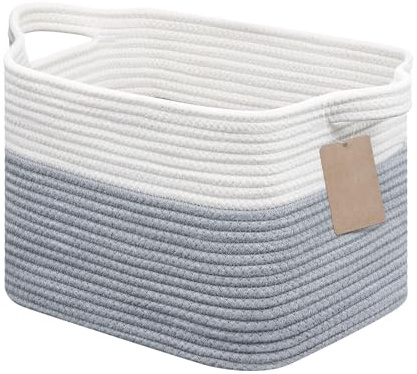 JOJOSEE Aufbewahrungskorb Geflochten 32 x 25 x 22,5cm Weiß & Hellgrau | Faltbarer Korb Aufbewahrung mit Henkel, Storage Baskets aus Baumwolle, Kleiner Organizer für Spielzeug, Bücher & Accessoires