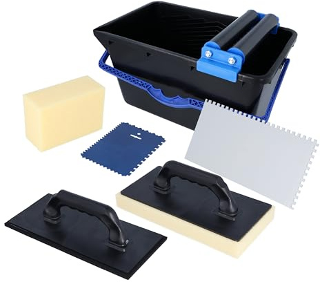 HELPMATE – Fliesenwaschset 7‑teilig – 18‑Liter Kunststoff‑Eimer mit Doppelrollenaufsatz – Fliesenwaschbrett, Verfugbrett, Glättekelle und Schwamm – Made in Germany