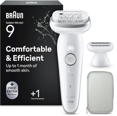 Braun Silk-épil 9, Epilierer Damen / Haarentferner für langanhaltende Haarentfernung, Ladyshaver, Rasieraufsatz , Trimmeraufsatz, 9-041, Weiß/Silber