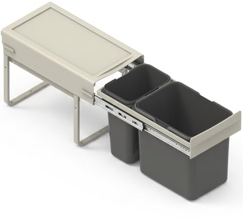 REJS Einbau-Mülleimer für 30 cm Schrank 2-fach Abfallsystem mit Deckel Soft-Close & Vollauszug 26,4 x 50,5 x 33 cm (1x 15L + 1x 7L) Frontmontage Silberfarben