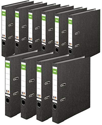 Original DINOR Ordner-Wolkenmarmor-Recycling - Made in Germany. 10er Pack 5 cm breit DIN A4 schwarz Aktenordner Briefordner Büroordner Pappordner Schlitzordner Grüner Balken Blauer Engel