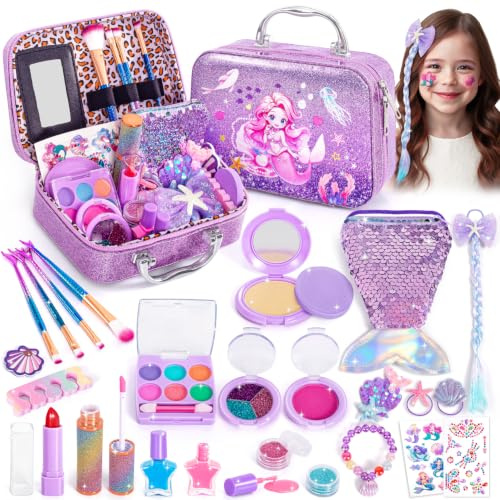 Hohosunlar Kinderschminke Set Mädchen, Waschbar Make Up Set für Kinder 3-12 | Spielzeug Schminkkoffer enthält Lipgloss, Nagellack Tasche, Weihnachts Geburtstagsgeschenk für Kinder 3 4 5 6 7 8 9 10 Jahre