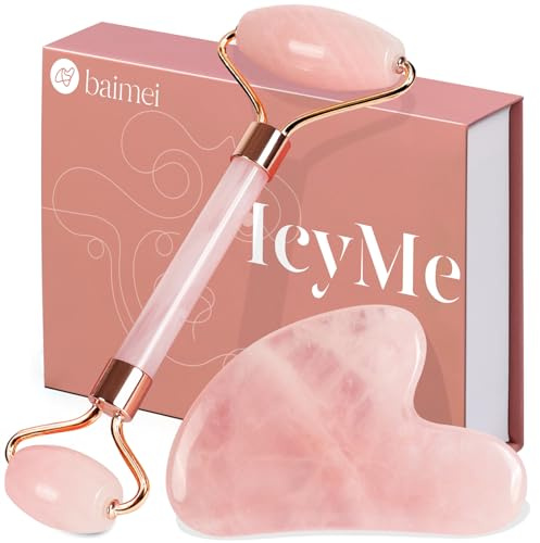 BAIMEI Gua Sha Stein und Rosenquarz Gesichtsroller Set, Gesichtsmassage Tool für Gesicht, Hals & Augen, natürliche Hautpflege,Straffung der Kieferlinie, Geschenk für Frauen