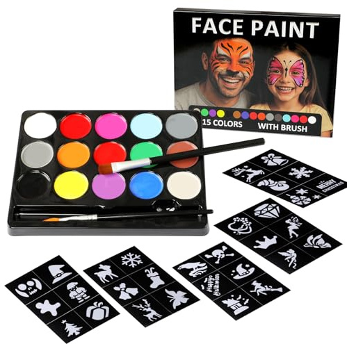 Kinderschminke Set – 15 Farben halloween schminke Face & Body Paint, 30 Schablonen & 2 Profi-Pinsel, Schminkpalette für Kinder & Erwachsene, hautfreundlich & leicht abwaschbar für Karneval, Fasching