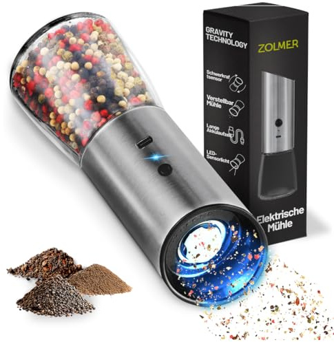 Zolmer Salz und Pfeffermühle Elektrisch mit Wiederaufladbaren Akkus, Einstellbarem Mahlgrad für Gewürze, Salz & Pfeffer – Robuste und Kompakte Gewürzmühlen