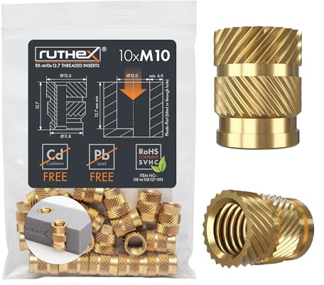 ruthex Gewindeeinsatz M10 – 10 Stk. RX-M10x12.7 BLEIFREIE Gewindebuchse aus Messing – stabile Einschmelzgewinde/Einpressmutter – Einschmelzen von Gewindehülse in 3D-Druckteile aus Kunststoff