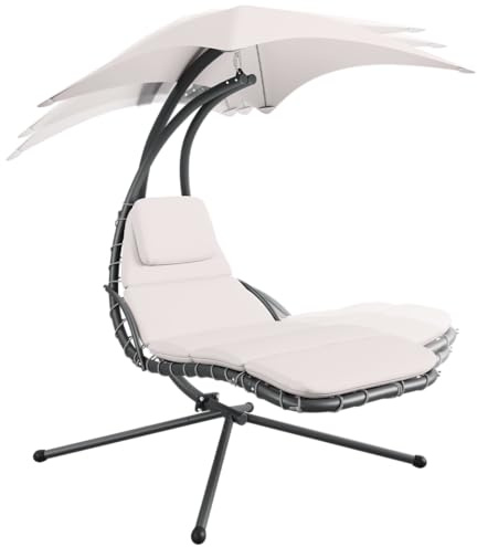 STEELSØN Nyria Schwebeliege Beige – Hängeliege mit Sonnendach & Polsterauflage – Schaukelliege bis 120 kg – Hängesessel mit Gestell – Sonnenliege wetterfest – Relaxliege für schwereloses Schwingen