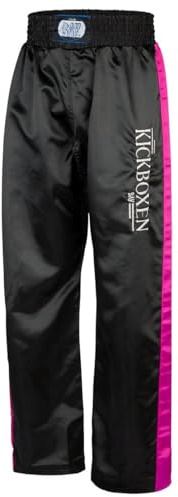 BAY Edel Stick Kickboxhose Kampfsporthose Schwarz lang Streifen in Pink seitlich Polyester gestickter Schriftzug Erwachsene Damen Herren Kinder Jungen Mädchen Größe XXS (140)