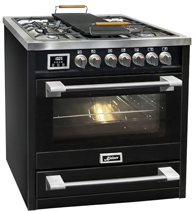 Kaiser HGE 93505 S Turbo · Gas Elektro Standherd 90 cm · Freistehender Range Cooker · Gaskochfeld 5 Zonen mit 4,5 kW WOK · XXL Elektro-Backofen 115 L · 8 Funktionen · Erdgas/Propangas