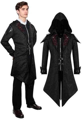YORDET Steampunk Herren Jacke mit Kapuze Gothic Frack Herren Mantel Mittelalter Retro Jacke Halloween Party Karneval Cosplay Kleidung (Schwarz, M)