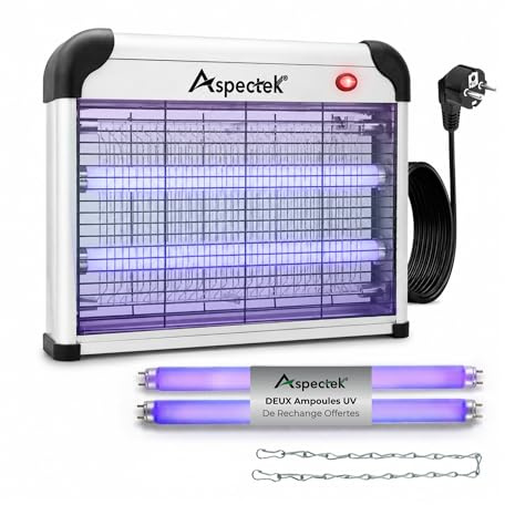 ASPECTEK Elektrischer Insektenvernichter 20W 2800V – UV Mückenfalle & Fliegenfalle für Innen, Insektenlampe gegen Mücken, Fliegen, Gnitzen, Inklusive 2 Ersatz-UV-Röhren