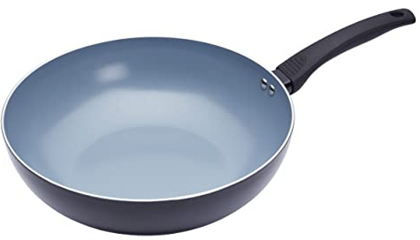 MasterClass Induktionssicherer Keramik-Öko-Wok mit PTFE-, PFOA- und BPA-freier Antihaftbeschichtung, 29,5 cm (11,5), Silber/Schwarz