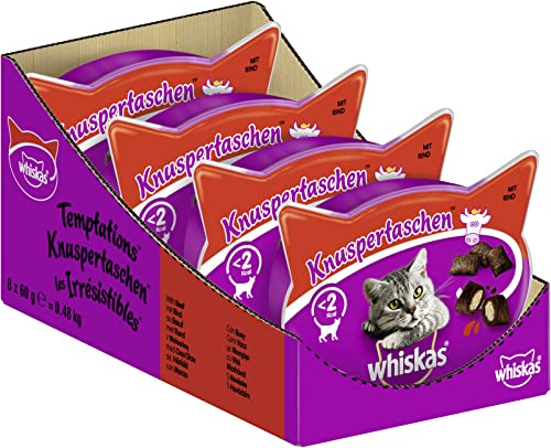 Whiskas Knuspertaschen Katzensnacks mit Rind, 8x60g (8 Packungen) - unterschiedliche Produktverpackungen erhältlich
