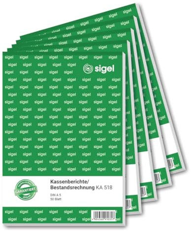SIGEL KA518 Kassenbericht / Bestandsrechnung, A5, 5 Stück á 50 Blatt, zur korrekten Ermittlung des Tagesabschlusses und Kassenbestandes, für Brutto- und Nettoverbuchungen, aus nachhaltigem Papier