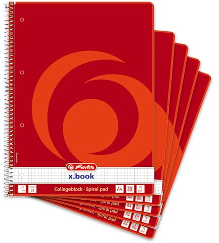 herlitz Collegeblock A4 kariert – Lineatur 28, 80 Blatt, mit Innen- und Außenrand, 5er Pack
