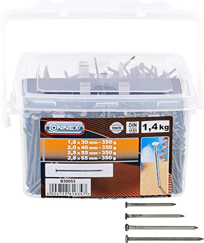 Connex Drahtstifte-Sortiment - 1400 g - Senkkopf - Blank - Vorsortierte Größen im Eimer 30 / 40 / 55 / 65 mm - Für den universellen Einsatz / Stahlnägel / Drahtnägel / Nagel-Sortiment / B30053