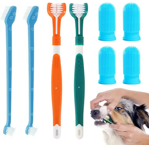 Vinuwu Hunde Zahnbürsten-Set für Kleine, Mittelgroße und Große Hunde | 2 Stück Dreifach Köpfe Hundezahnbürsten, 4 Finger Zahnbürste, 2 Doppelköpfige Zahnbürste, Multi-Winkel-Zahnreinigungsset