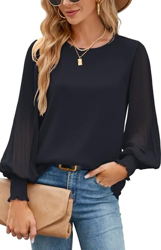 Odosalii Bluse Damen, Elegant Rundhals Locker Langarmshirt Plissee Ballonärmel Chiffon Blusen, Modern Locker Schwarz Herbst Langarm Pullover