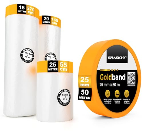 HASKYY 60M Abdeckfolie mit Klebeband 55cm + 140cm + 270cm mit Goldband 25mmx50M - 82QM Maler-Abdeck-Band-Folie - 4er Set Perfekt für Innen - Selbstklebende-Lackierer-Folie mit Abklebe-Band - UV-Schutz
