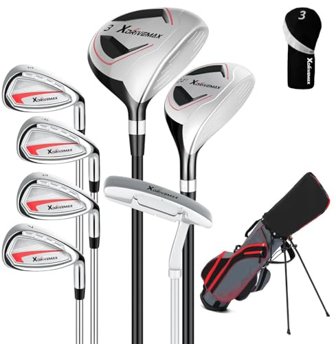 XDriveMax Komplettes Golfschläger Set Herren,8 Teilige Golf Set rechtshändig,Inklusive Stand Bag mit Regenhaube,3# Fairway Wood mit Head Covers, 5# Hybrid, 5#, 7#, 9# S# Eisen und Putter