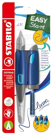 STABILO - Ergonomischer Schulfüller für Rechtshänder mit Anfänger-Feder A - EASYbirdy in mitternachtsblau/azur - inkl. Patrone und Einstellwerkzeug - blau (löschbar)