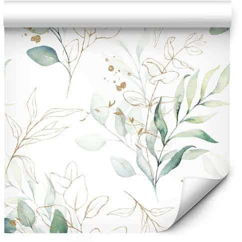 murando - Vlies Tapete Deko Panel Fototapete Blätter Natur Wanddeko 10 m Tapetenrolle Mustertapete Wandtapete modern design Dekoration - golden weiß grün Äste b-B-0570-j-a