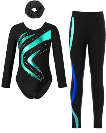 Sinleey 3 Teiliges Gymnastikset Langarm Gymnastikanzug Turnanzug mit Hose Leggings und Haarband Sportanzug Tanz Eiskunstlauf C Blau Grün 134-140
