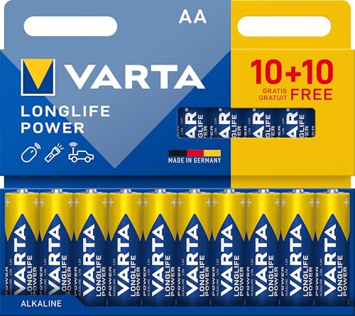 VARTA Batterien AA, 20er Pack (10+10), Longlife Power - Alkaline Mignon Batterien LR6 mit 1,5 V - Made in Germany - für energieintensive Geräte