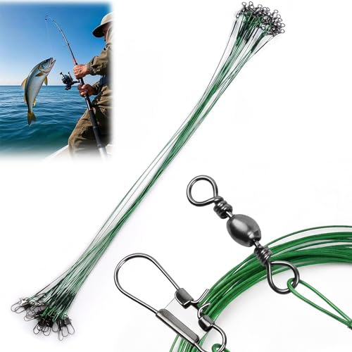 WUBAYI 20 Stück Angelhaken mit Vorfach (20cm Grün) - Stahlvorfach Hecht & Raubfisch Köder, Korrosionsfester Kohlenstoffstahl, Widerhaken für Süß/Salzwasser