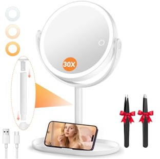 Auxmir Kosmetikspiegel mit Beleuchtung, 30X Doppelseitig Vergrößerungsspiegel mit Licht, 8" Dimmbar 3 Lichtfarben 64 LED Schminkspiegel, 360° Drehbar & Abnehmbar für Bad & Reise
