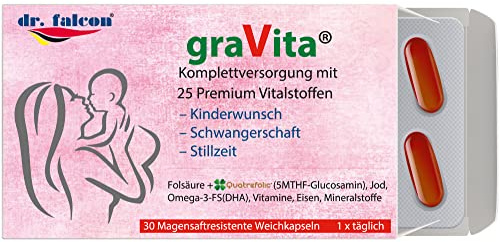 dr. falcon graVita – 25 Nährstoffe für Kinderwunsch, Schwangerschaft und Stillzeit - 30 Kapseln | enthält Folsäure, Quatrefolic, Omega-3, DHA, Vitamin D3 + K2, Jod, Eisen, Selen