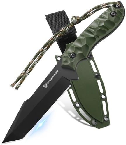 DRACHENADER Tanto Messer B-ER-TANTO POINT, Jagdmesser 13 cm Klingenlänge, 5Cr14MoV Stahl, Full Tang Messer Outdoor, Gürtelmesser mit Scheide, Schwarze Klinge + Grüner ABS Griff