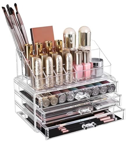 SONGMICS Make-up Organizer mit 3 Schubladen und 15 Fächern | Kosmetik-Organizer in unterschiedlichen Größen, transparent, GINETTA Kollektion JKA002TP