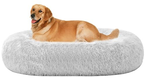 HMTOPE Orthopädisches Hundebett Grosse Hunde, Donut Kissen Waschbar, Ø100cm | Flauschig Hundesofa mit Egg-Crate Schaumstoff, XL Langer Plüsch Rund, Kuscheliges Hundekorb, Abnehmbar Bezug, Hellgrau