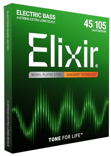 Elixir® Saiten Nickel-Wound 4-str. E-Basssaiten mit NANOWEB® Beschichtung, Extra Long Scale, Light/Medium (.045-.105)