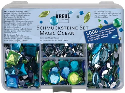 KREUL 49644 - Schmucksteine Set Magic Ocean, 1000 Steine in den Farben blau, türkis, hellgrün und hellblau, in verschiedenen Formen und Größen, zur Gestaltung von modischen Accessoires und Home Deco