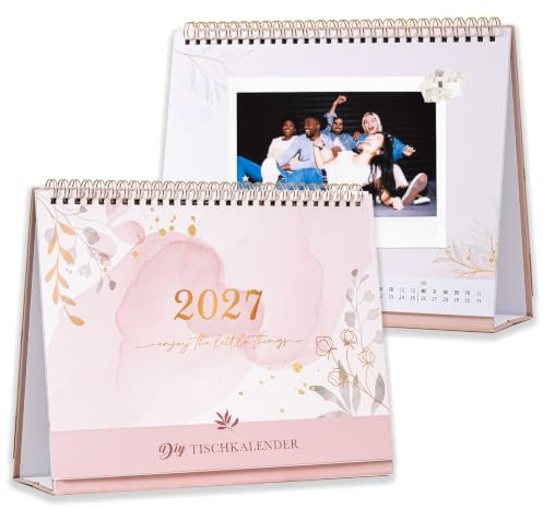 Tischkalender 2027 zum Selbstgestalten - Bastelkalender 2027 von Janury bis Dezember, Stehkalender 2027 selbst gestalten, Kalender 2027, DIN Monatskalender für 10x15 cm Fotos, Rose