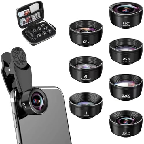 Textiluxe 7 in 1 Handy Objektiv Kit,Fischaugenobjektiv 210° Weitwinkel 120° Makroobjektiv (25x) Sternfilter Telephoto, Kaleidoscope,CPL/Star Filter für iPhone und die meisten Smartphones (dunkel)
