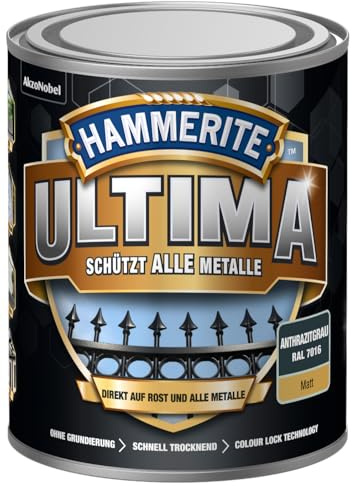 Hammerite Ultima Matt, Metallschutzlack, Hochwertiger Schutzlack für alle Metalle im Außenbereich, Anthrazitgrau RAL7016, 750 ml