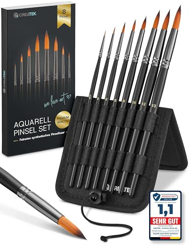 CreaTek Premium Aquarellpinsel Set - 8 hochwertige Künstlerpinsel inkl. Aufsteller für makellose Kunstwerke - Aquarell Pinsel Set aus feinstem synthetischen Rotmarder Haar - Watercolor Brush