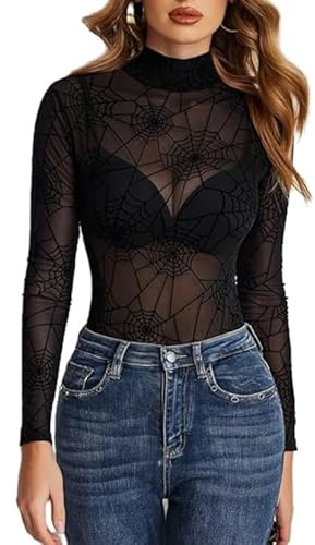 Avidlove Sexy Body Damen Bodysuit Elegant Langarmshirt Bluse Top Spitzen Body Mesh Oberteiel Rollkragen Langarm T-Shirt Pullover，PAT1 M