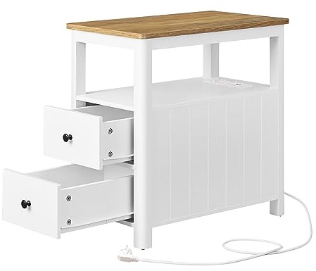 VASAGLE Beistelltisch, Nachttisch mit Steckdosenleiste, 2 Schubladen | Sofatisch, Nachtschrank für Wohnzimmer, Schlafzimmer, weiß, HUGH Kollektion LET327W14