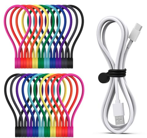SMART&COOL Wiederverwendbare Magnetische Kabelbinder, Multifunktionale Silikon Magnet Kabelbinder für Kabelmanagement und Organisieren, 10 Farben Magnetic Cable Ties, 182 mm(20 Stück, Bunt)