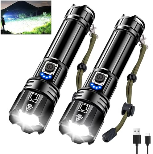 Glarylight Taschenlampe LED Aufladbar 2 Stück,1000000 Lumen Extrem Hell | 24H Laufzeit, 5 Modi&Zoomable, XHP70.2,Starke Taschenlampen Akku/USB,IPX7 Wasserdicht Flashlight für Outdoor,Wandern,NotfäLle