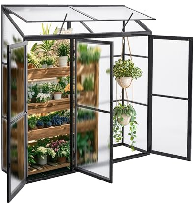 Gegaden Anlehngewächshaus Tomaten Gewächshaus 180x55x190cm Aluminium Beistell-Gewächshaus, Treibhaus Gartenhaus Frühbeet mit Rückwand, Winterfest Klein, Minigewächshaus, Schwarz