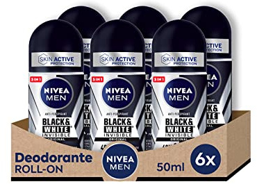 NIVEA MEN Black & White Invisible Original Roll-on 6 x 50 ml Deodorant Men 72h Deo Roll-on Anti-Transpirant gegen Gerüche, Schweiß, Rückstände, Irritationen und Flecken auf hellen und dunklen Stoffen