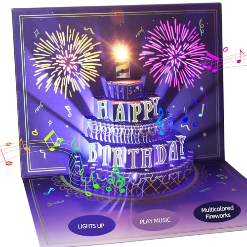 WUJUN Geburtstagskarte, 3D-Musical-Pop-Up-Karte mit Licht, einzigartiger Stil, handgefertigte Happy Birthday-Grußkarten mit Umschlag für Männer,drücken Sie besondere Liebe aus (Lila Karte)