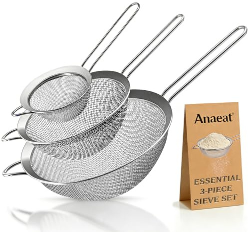 Anaeat Feinmaschige Siebe - Hochwertige Edelstahl-Siebe, mit strapazierfähigem Netz und robustem Griff, hervorragend zum Sieben von trockenen Zutaten wie Mehl, Nudeln, Reis, Tee (3 Größen)