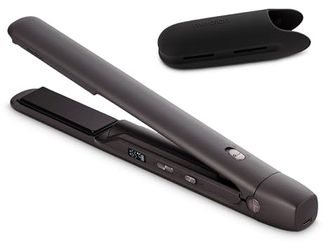 MEDION Glätteisen HS2 (kabellos, Display, 5 regelbare Hitzestufen, 165° bis 210°, breite flexible Keramik - Turmalin Heizplatten, Silikon Schutzhülle, Temperatursensor, Haarglätter) schwarz